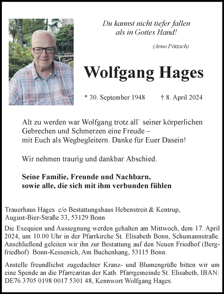  Traueranzeige für Wolfgang Hages vom 13.04.2024 aus General-Anzeiger Bonn