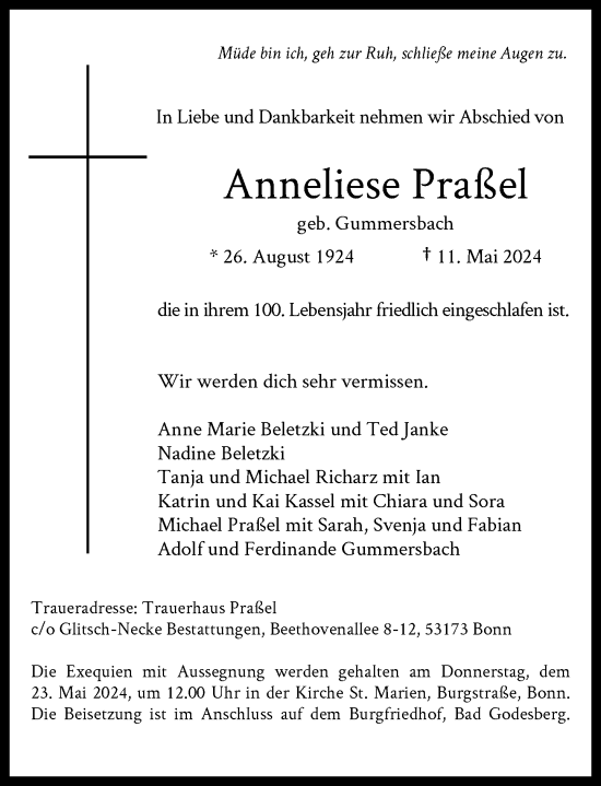 Anzeige von Anneliese Praßel von General-Anzeiger Bonn