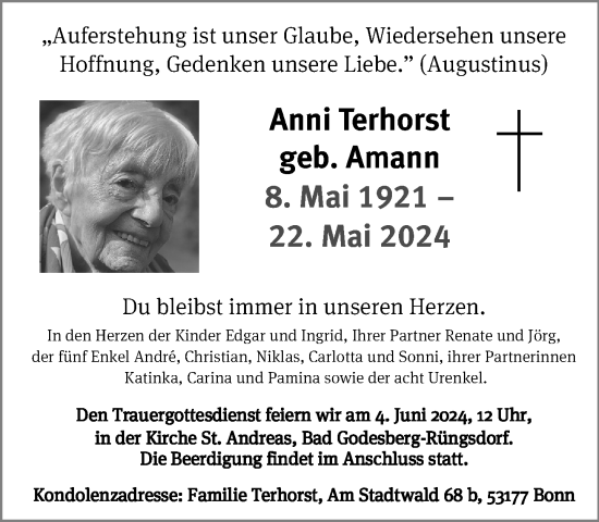 Anzeige von Anni Terhorst von General-Anzeiger Bonn