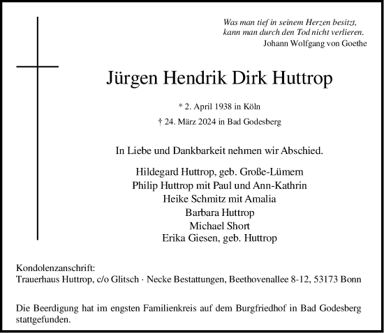 Anzeige von Jürgen Hendrik Dirk Huttrop von General-Anzeiger Bonn
