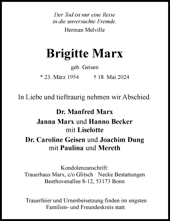 Anzeige von Brigitte Marx von General-Anzeiger Bonn