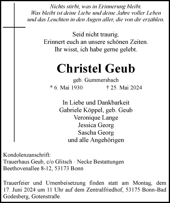 Anzeige von Christel Geub von General-Anzeiger Bonn