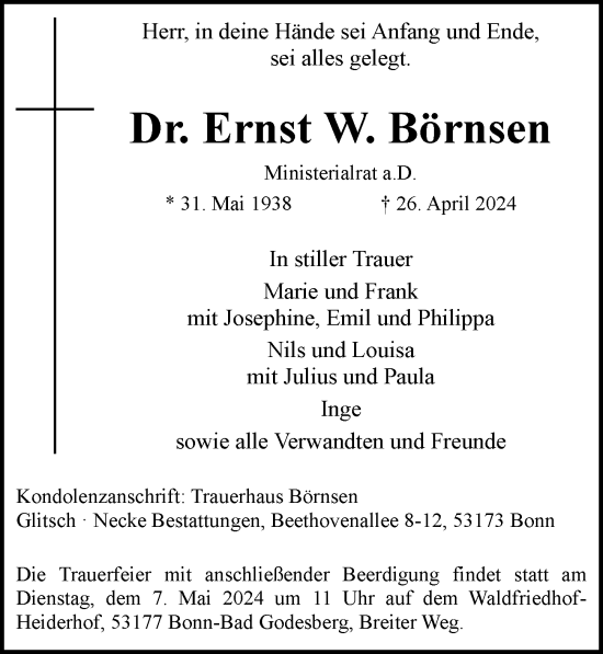 Anzeige von Ernst W. Börnsen von General-Anzeiger Bonn