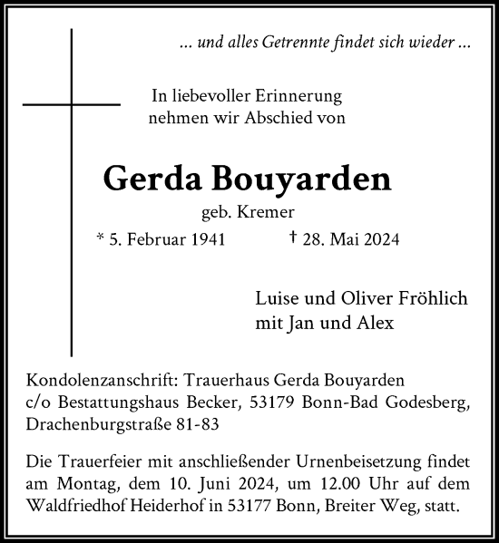 Anzeige von Gerda Bouyarden von General-Anzeiger Bonn