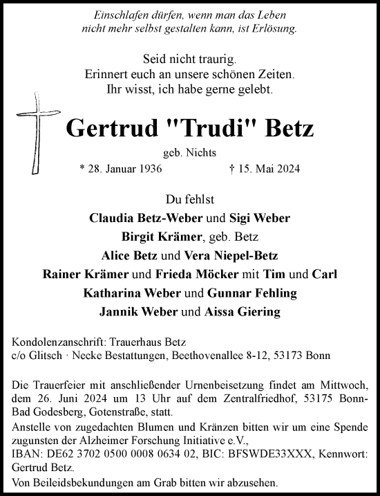 Anzeige von Gertrud  Betz von General-Anzeiger Bonn