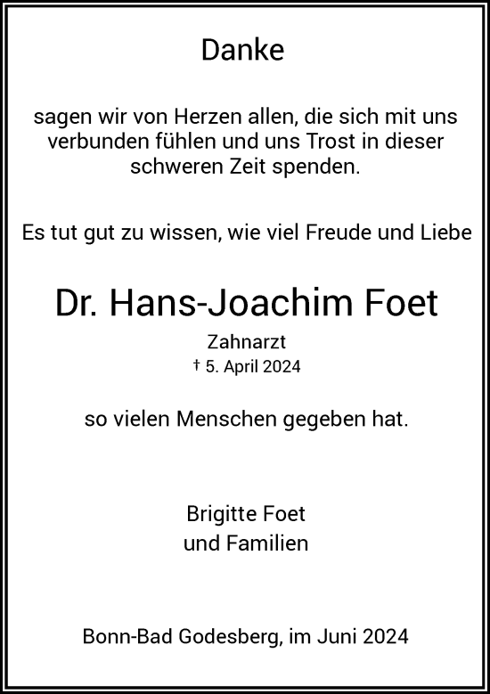 Anzeige von Hans-Joachim Foet von General-Anzeiger Bonn
