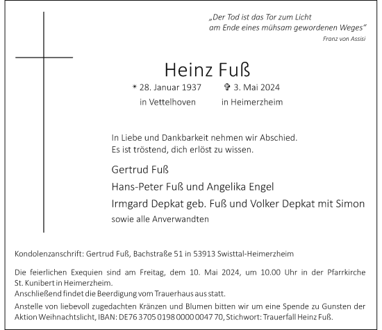 Anzeige von Heinz Fuß von General-Anzeiger Bonn