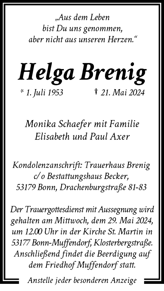 Anzeige von Helga Brenig von General-Anzeiger Bonn