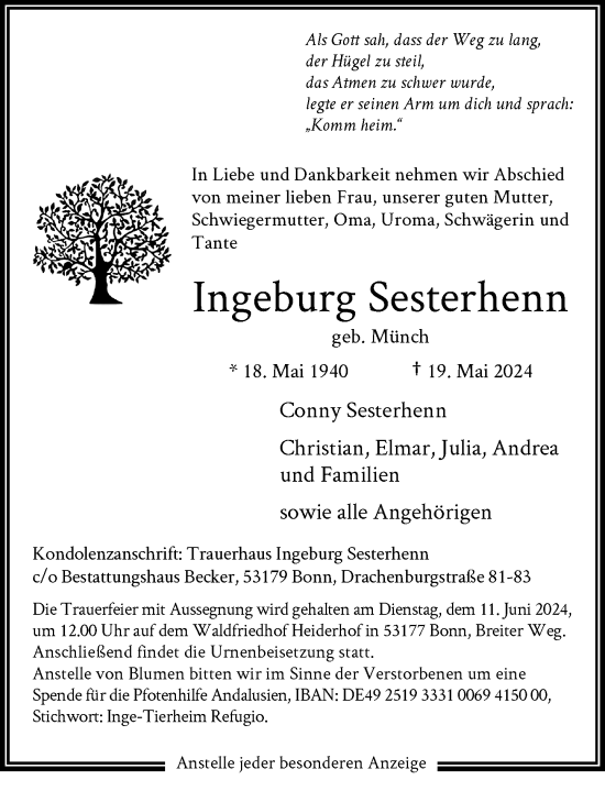 Anzeige von Ingeburg Sesterhenn von General-Anzeiger Bonn