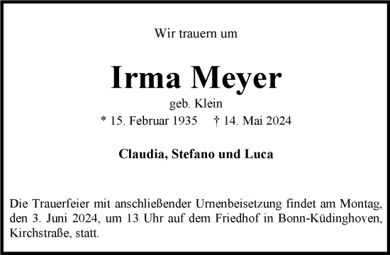Anzeige von Irma Meyer von General-Anzeiger Bonn