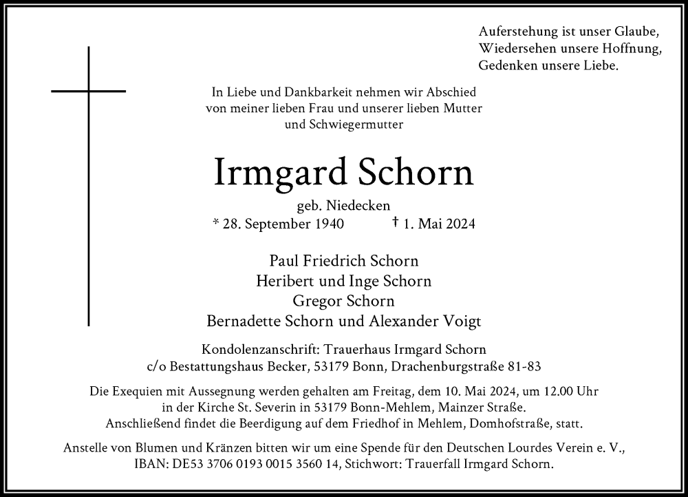  Traueranzeige für Irmgard Schorn vom 04.05.2024 aus General-Anzeiger Bonn