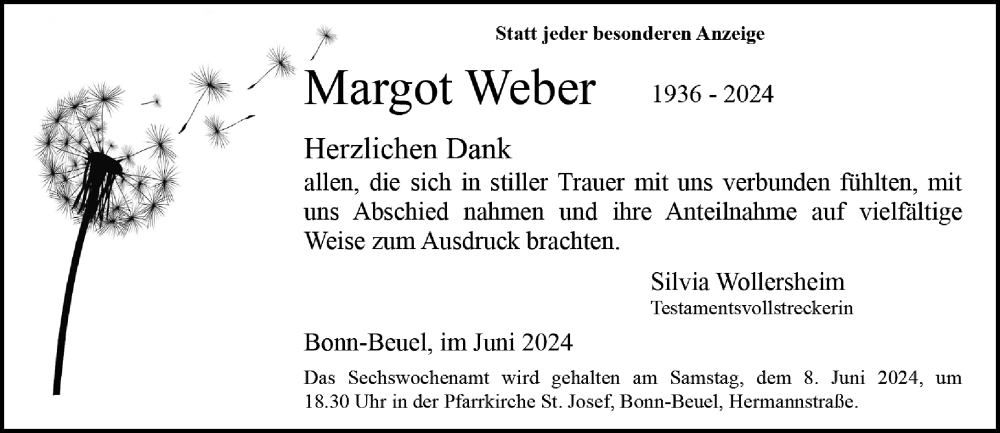  Traueranzeige für Margot Weber vom 01.06.2024 aus General-Anzeiger Bonn