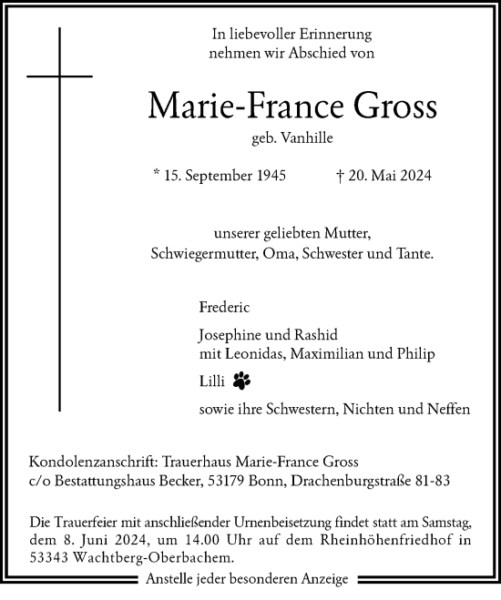 Anzeige von Marie-France Gross von General-Anzeiger Bonn