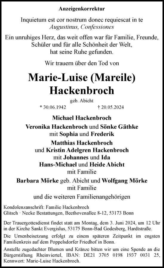 Anzeige von Marie-Luise Hackenbroch von General-Anzeiger Bonn