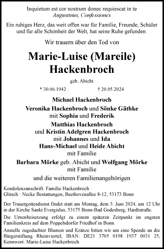 Anzeige von Marie-Luise Hackenbroch von General-Anzeiger Bonn
