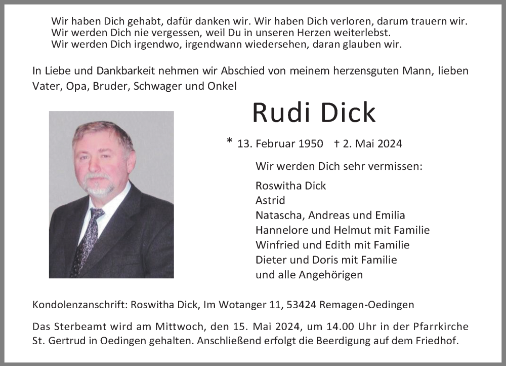  Traueranzeige für Rudi Dick vom 11.05.2024 aus General-Anzeiger Bonn