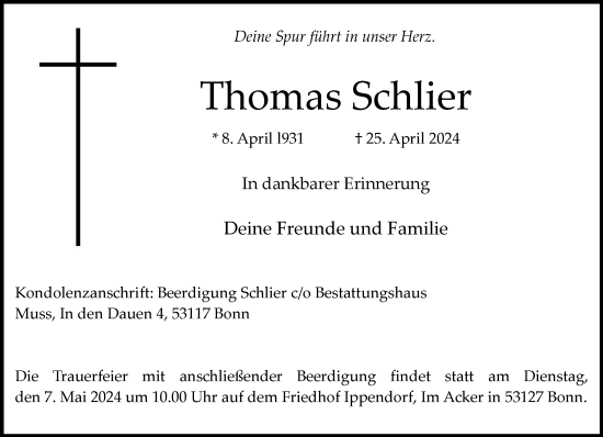 Anzeige von Thomas Schlier von General-Anzeiger Bonn