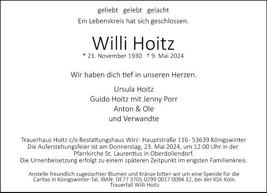 Anzeige von Willi Hoitz von General-Anzeiger Bonn