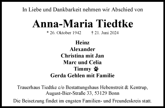 Anzeige von Anna-Maria Tiedtke von General-Anzeiger Bonn