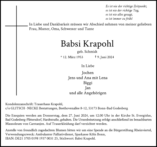 Anzeige von Babsi Krapohl von General-Anzeiger Bonn