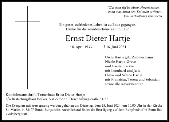 Anzeige von Ernst Dieter Hartje von General-Anzeiger Bonn