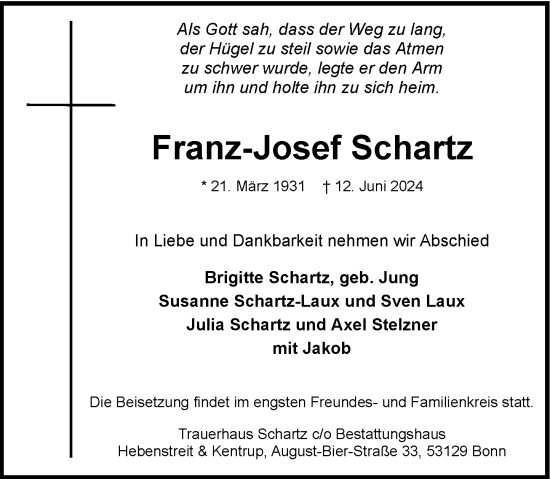 Anzeige von Franz-Josef Schartz von General-Anzeiger Bonn