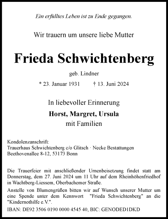 Anzeige von Frieda Schwichtenberg von General-Anzeiger Bonn