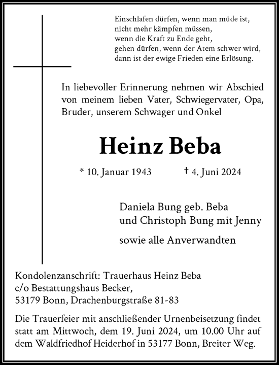 Anzeige von Heinz Beba von General-Anzeiger Bonn