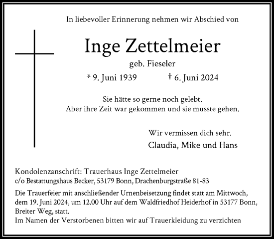 Anzeige von Inge Zettelmeier von General-Anzeiger Bonn