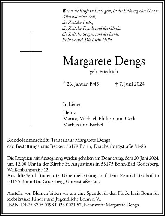 Anzeige von Margarete Dengs von General-Anzeiger Bonn