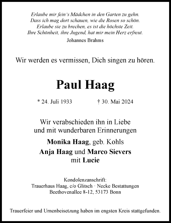 Anzeige von Paul Haag von General-Anzeiger Bonn