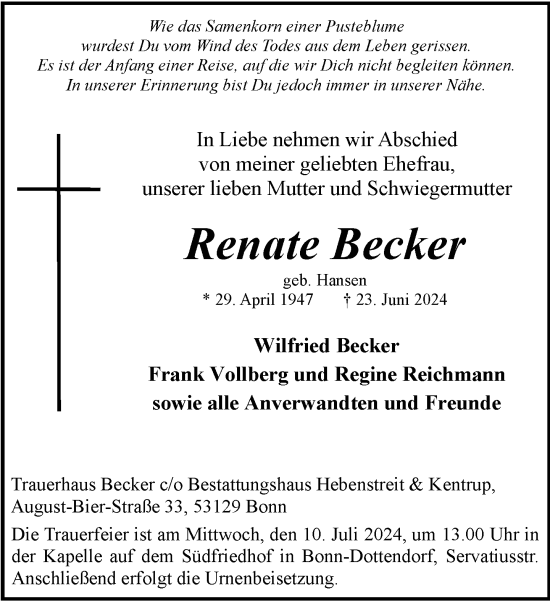 Anzeige von Renate Becker von General-Anzeiger Bonn