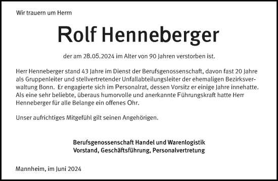 Anzeige von Rolf Henneberger von General-Anzeiger Bonn