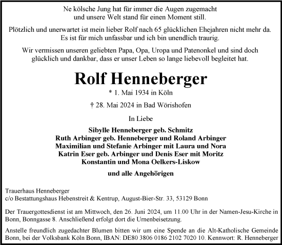 Anzeige von Rolf Henneberger von General-Anzeiger Bonn
