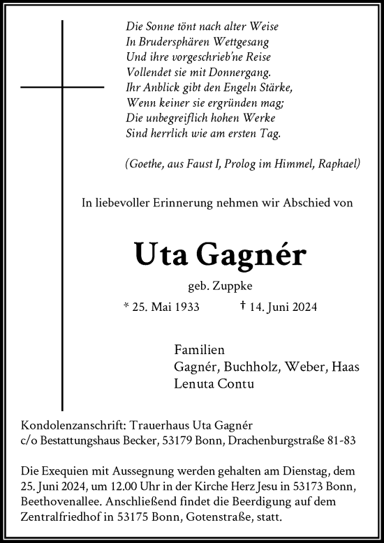 Anzeige von Uta Gagner von General-Anzeiger Bonn