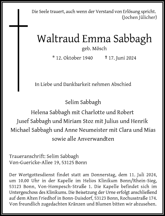 Anzeige von Waltraud Emma Sabbagh von General-Anzeiger Bonn