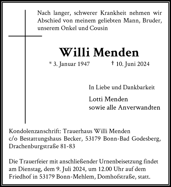 Anzeige von Willi Menden von General-Anzeiger Bonn