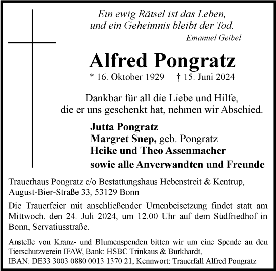 Anzeige von Alfred Pongratz von General-Anzeiger Bonn