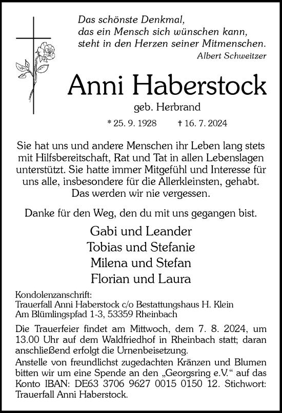 Anzeige von Anni Haberstock von General-Anzeiger Bonn