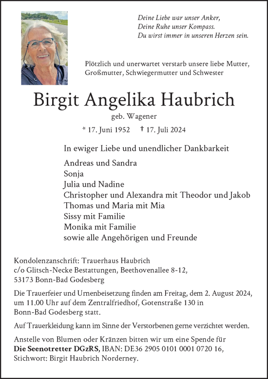 Anzeige von Birgit Angelika Haubrich von General-Anzeiger Bonn