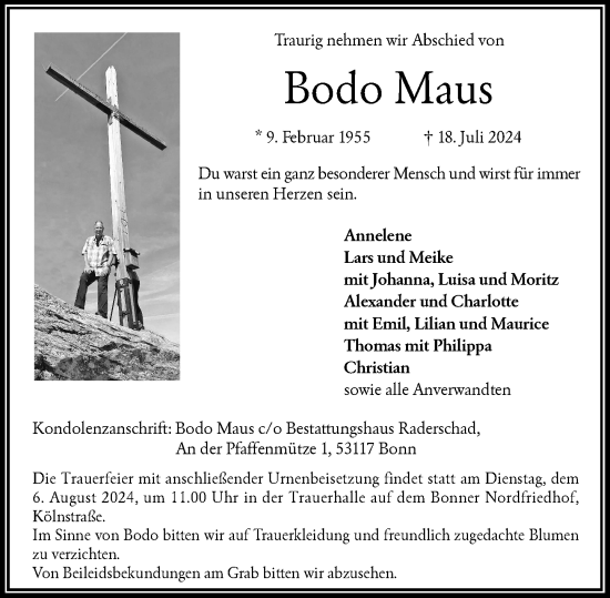Anzeige von Bodo Maus von General-Anzeiger Bonn
