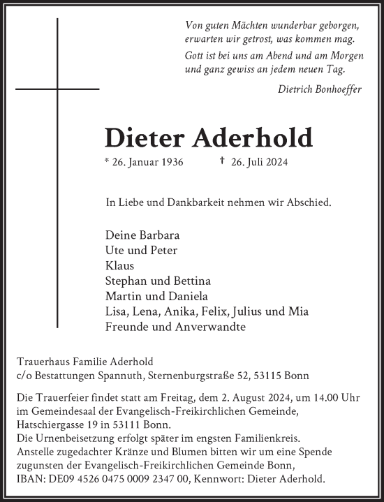 Anzeige von Dieter Aderhold von General-Anzeiger Bonn