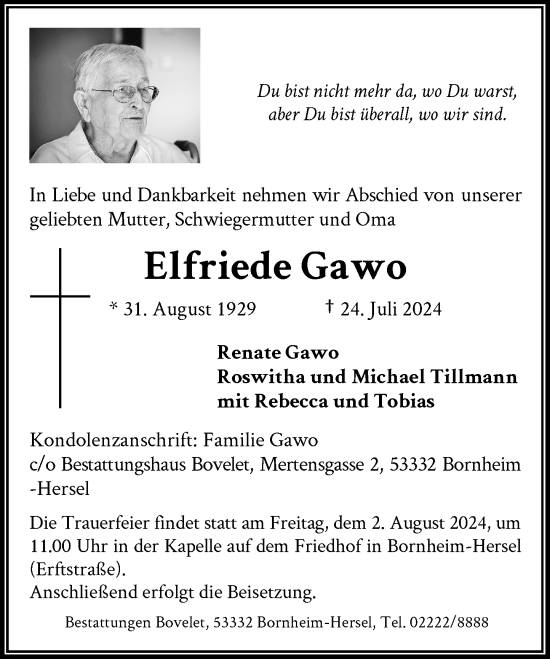 Anzeige von Elfriede Gawo von General-Anzeiger Bonn