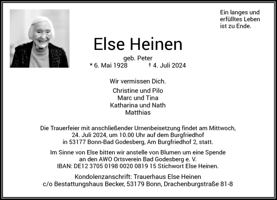 Anzeige von Else Heinen von General-Anzeiger Bonn