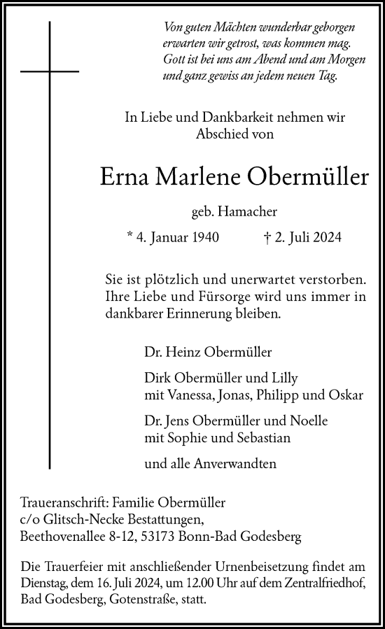 Anzeige von Erna Marlene Obermüller von General-Anzeiger Bonn