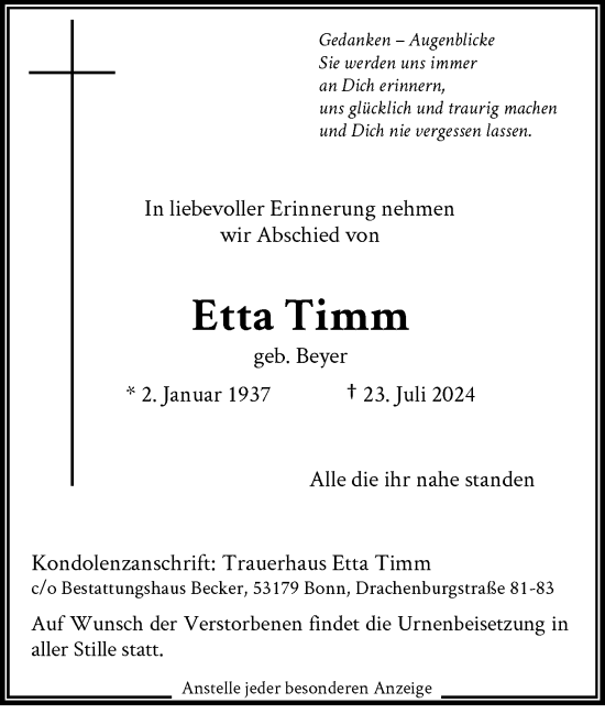 Anzeige von Etta Timm von General-Anzeiger Bonn