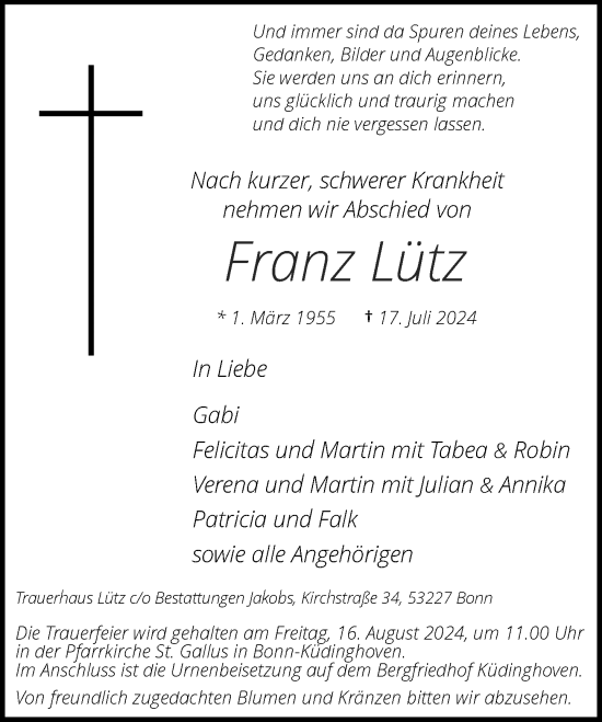 Anzeige von Franz Lütz von General-Anzeiger Bonn