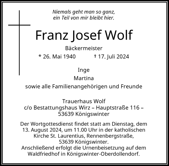 Anzeige von Franz Josef Wolf von General-Anzeiger Bonn