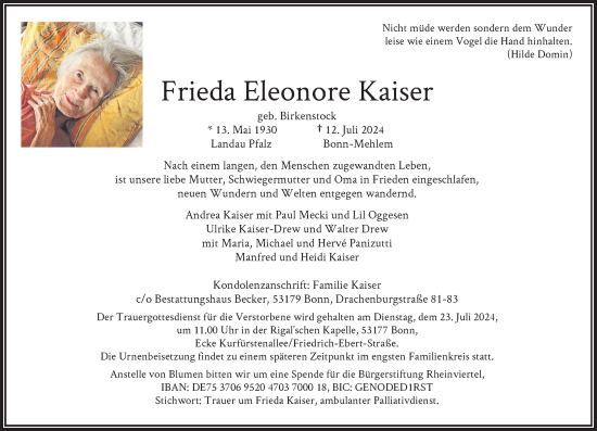 Anzeige von Frieda Eleonore Kaiser von General-Anzeiger Bonn