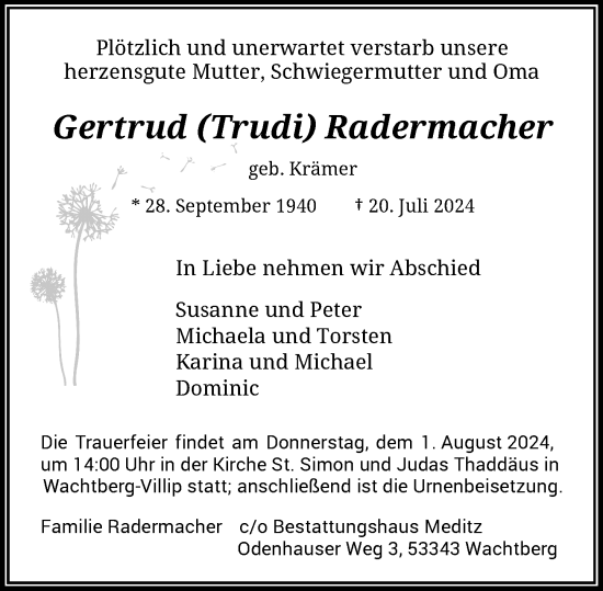 Anzeige von Gertrud Radermacher von General-Anzeiger Bonn